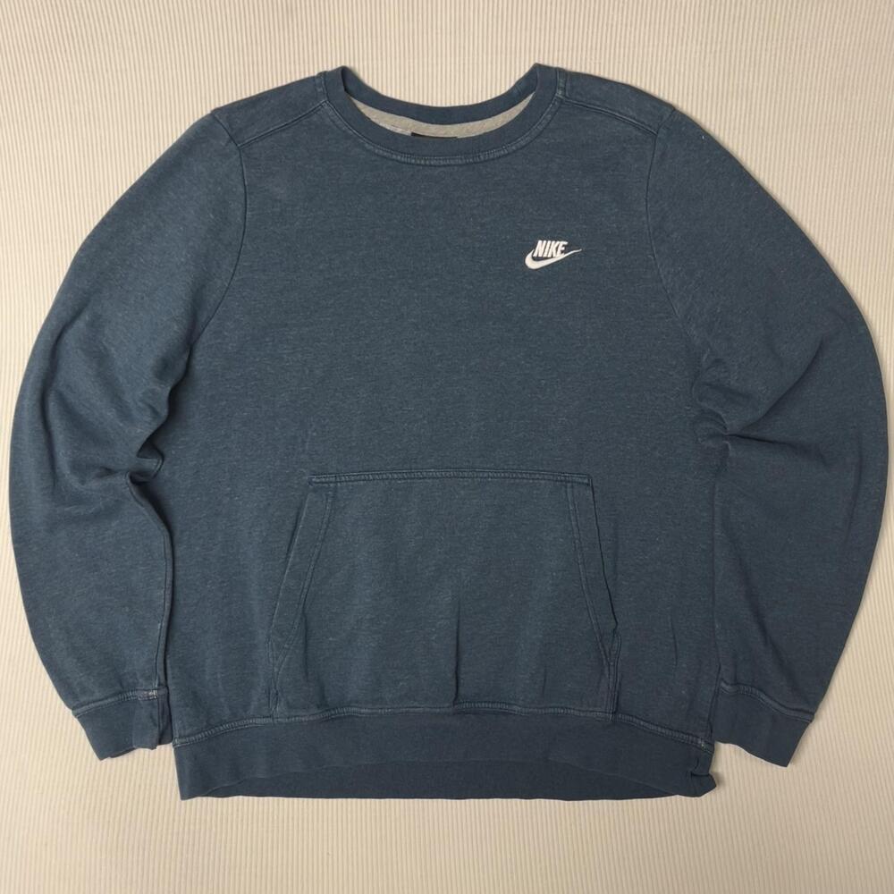 Nike Sweatshirt Mens Large Blue Fleece Crewneck Swoosh Logo Y2k Kangaroo Pocket